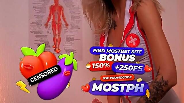 Horny nurse in latex gloves has her own treatment method