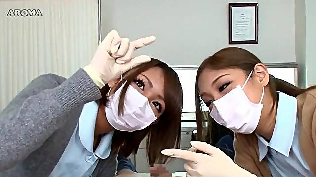 2 Japanese nurses give tender handjob with latex gloves: Cumshot, Asian Pov Porn