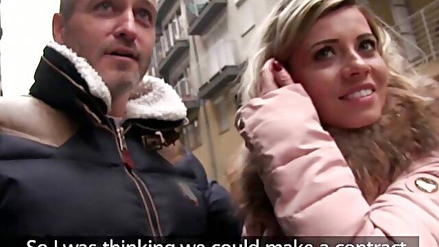 Public Agent Cheating wife with short blonde hair fucks for cash