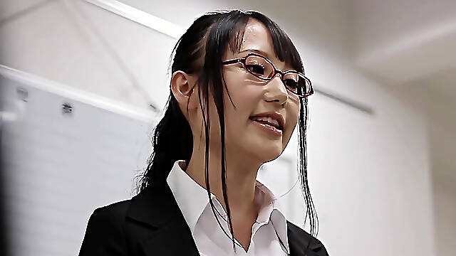 A Japanese secretary runs into her boss in the stairwell and pleases him with a blowjob and a titjob.