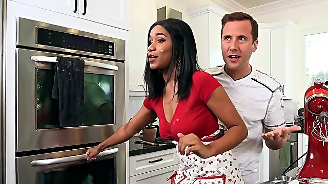 Ebony babe seduced and fucked while working in the kitchen