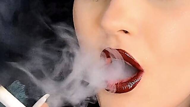 Glossy Red Lips & 3 Cigarettes Slow Chain Smoking Close Up