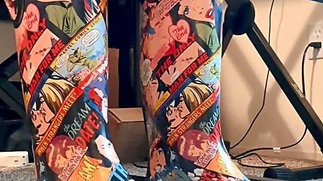 Sexy Nerd Girl Wearing Graphic Novel Rain Boots Playing Piano Pedal Pumping And Shaking