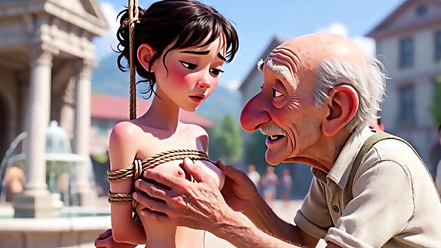 Tied Woman in Public Square - Old Man Caresses Her Body