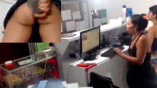 Two Asian girls in a cubicle make a little extra money at work by doing webcam shows and this one features a great view of the babe in black destroying her arsehole with a huge dildo.