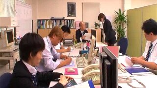Fetching Asian stunner in sexy black pantyhose goes dirty in her office and sits down on big dick of her horny coworker without taking off her pantyhose, and driving the dude to a cumshot