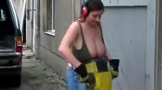 Worker with big natural tits