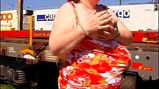 Old Woman With Big Saggy Tits Shows Them Off In Public