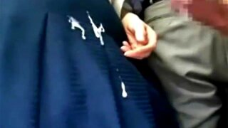 Japanese lady allows guy to cum on her skirt