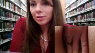 Cute babe toys tight pussy in public library