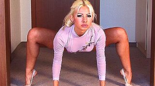 Golden-Haired gymnast bends her erotic body and shows her hot soaked crack in such arousing positions!