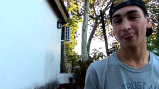Latino twink blows studs big cock outdoors for money