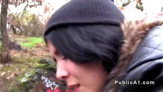 Pretty brunette Czech student takes money from fake agent in public then he takes her in near forest where fucks her tight pussy with big dick pov from behind