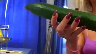 A sexy milf blonde is well prepared for a dinner date. When her date arrives they thought of playing with her wet pussy instead of eating dinner. She makes her pussy eat a cucumber and then finishes it with her date's big boner.