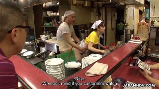 A sex addicted Asian chick is getting fucked in the kitchen and she loves the way the dude gives it to her from the back. Everyone gathered around to check her fuck out.