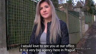 Czech blonde amateur babe takes offer from fake agent in public and then chets her bf in his car and sucks and fucks him for money