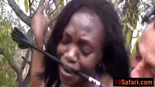 Long white dong is more than enough to please a horny ebony chick. She enjoys bending over and getting roughly fucked in a doggy style outdoors.