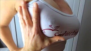 BoobiesurpriseAddict white see through tank top titfuck with big tits hands free for big load of cum