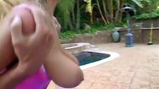 Busty blonde Haley Cummings titty fucks and gets pounded by a big cock outside near the pool in this homemade fuck video