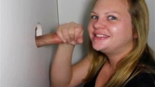 Filthy blonde amateur dirtbag down on her knees sucking strangers dick through glory hole